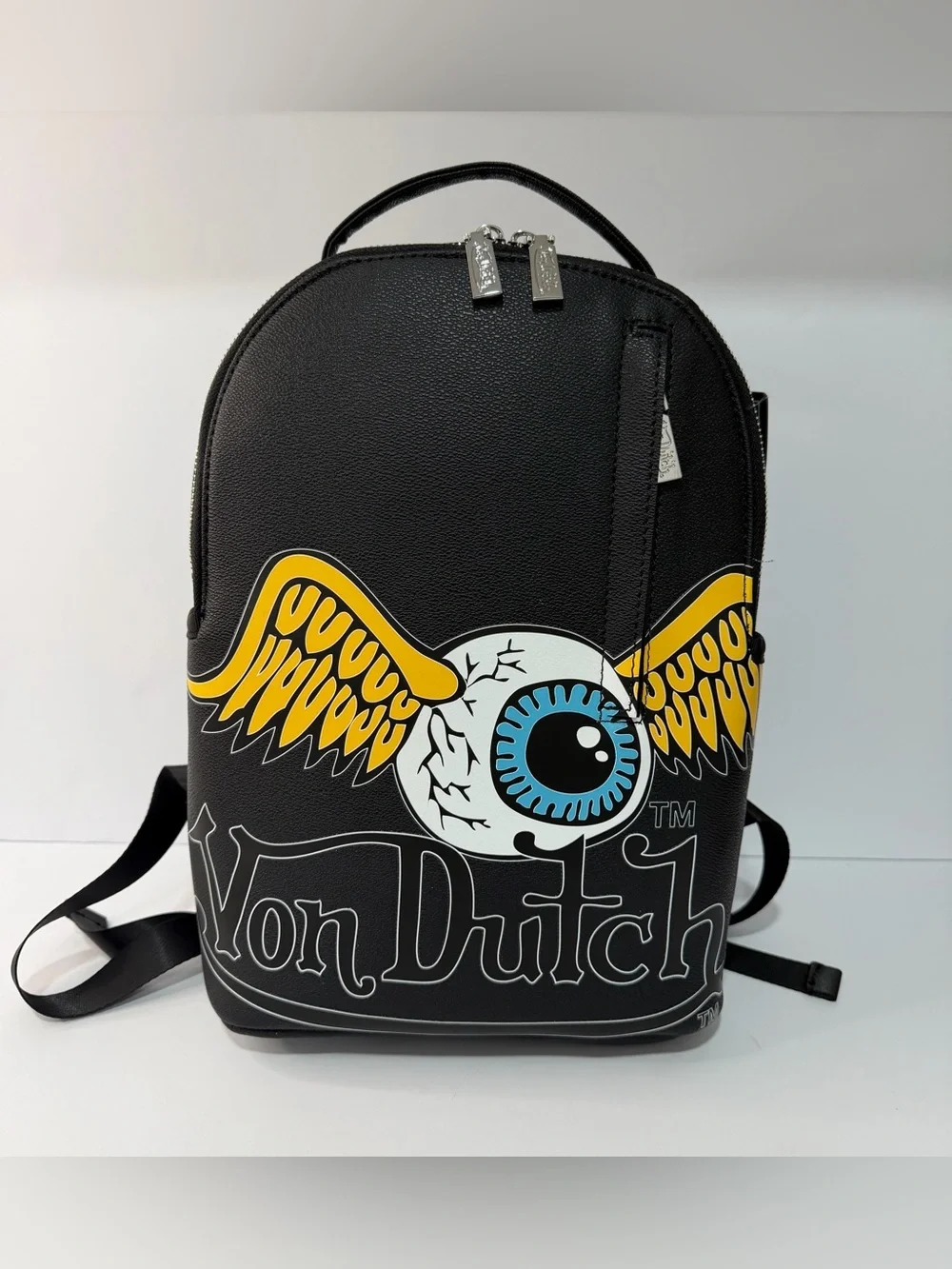 Von Dutch Black Backpack with Yellow Winged Eyeball and Blue Iris